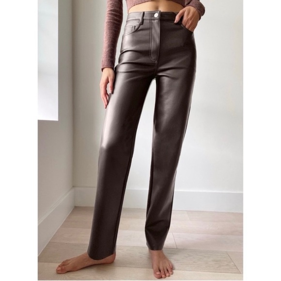 Aritzia Wilfred The Melina Vegan Faux LeatherHigh Rise Pants Mocha Rich Brown